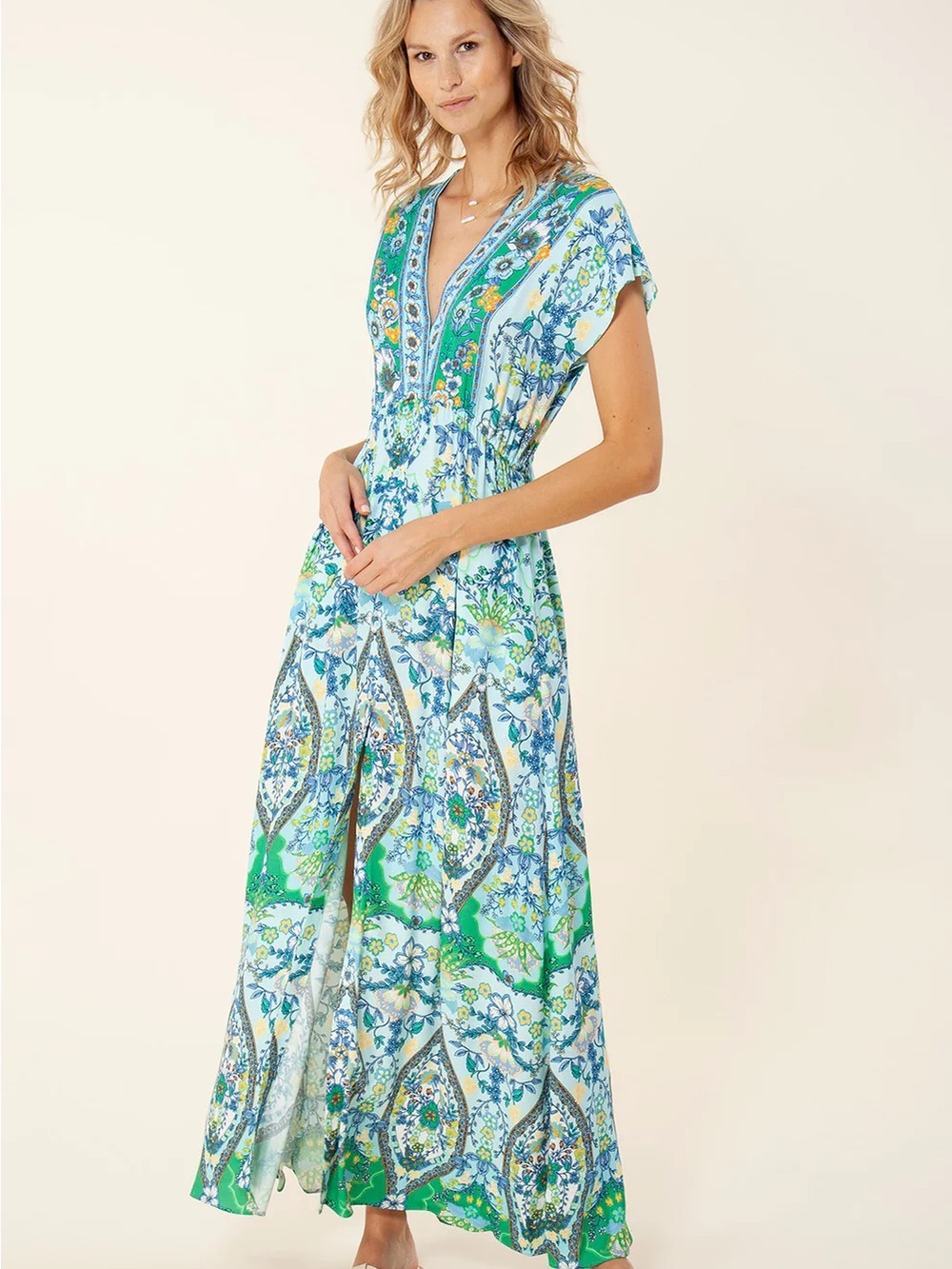 Hale Bob Floral V-Neck Maxi Dress in Teal, Light Blue & Yellow